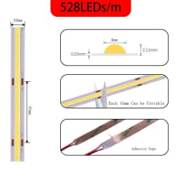 COB LED Strip Light High Density Flexible FOB COB 480/528LEDs/m Lights Tape Blue/ Green/Red Linear Dimmable DC12V/24V