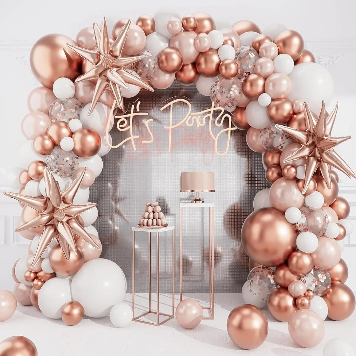142PCS Rose Gold White Balloons Garland Arch Kit Aluminum Foil Balloons for Baby Shower Ladies Birthday Wedding Party Decor