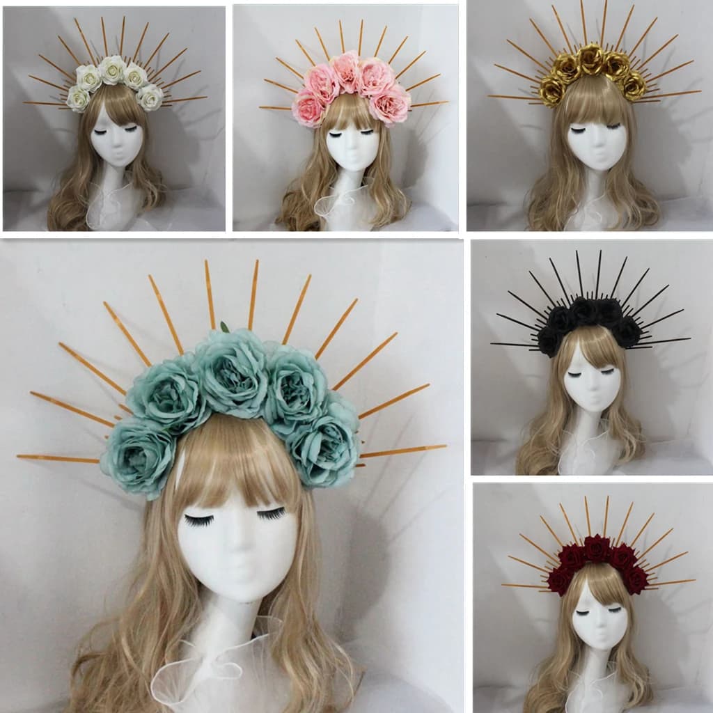 Lolita Headband Halo Headpiece Cosplay Baroque Tiara Crown Women Goddess Mary Sunburst Hair Accessories