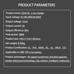 48V 54.6V 3A Lithium Ion Battery Charger for Lithium Battery Pack 3 Pin Female Plug IEC