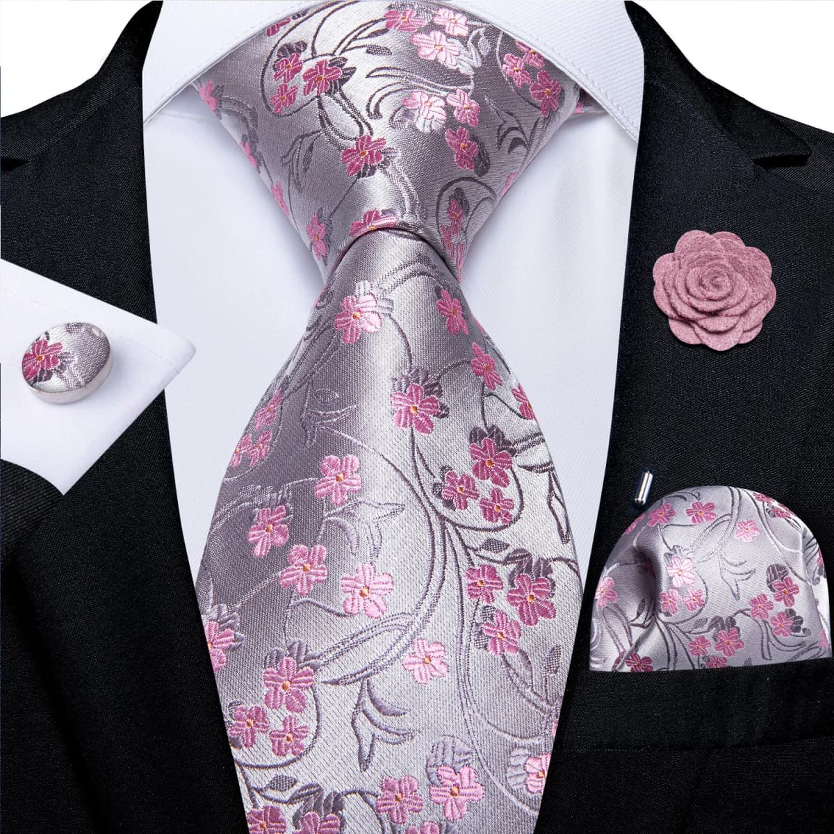 Floral Pink Ties For Men Wedding Party Man Tie Handkerchief Brooch Cufflinks Set Men Accessories Gravata