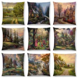 Home Decor Rustic Oil Painting Cushion Cover Beautiful Landscape Castle Lighthouse Sofa Pillow Bedroom