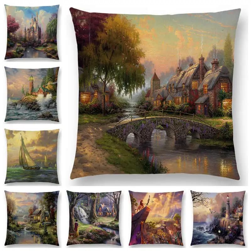 Home Decor Rustic Oil Painting Cushion Cover Beautiful Landscape Castle Lighthouse Sofa Pillow Bedroom