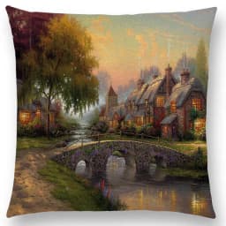 Home Decor Rustic Oil Painting Cushion Cover Beautiful Landscape Castle Lighthouse Sofa Pillow Bedroom