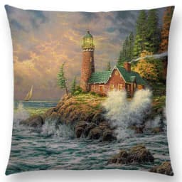 Home Decor Rustic Oil Painting Cushion Cover Beautiful Landscape Castle Lighthouse Sofa Pillow Bedroom
