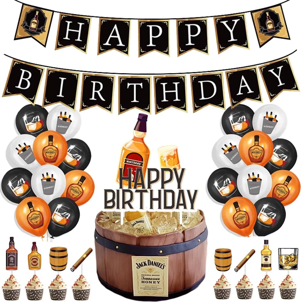 Whiskey Birthday Party Decorations Whiskey Bottle Foil Balloon Banner Cake Toppers Men Women 30th 40th 50th Birthday Party Decor