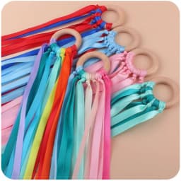 BPA-free Non-toxic Baby Ribbon Wooden Ring Teether Montessori Style Sensory Toy Newborns Color Recognition Educational Toys