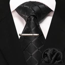 JEMYGINS New Fashion Black Plaid Men's Tie 8cm Silk Business Necktie Handkerchief Tie Clips Set Wedding Party Tie Gift For Men