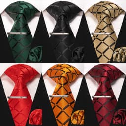 JEMYGINS New Fashion Black Plaid Men's Tie 8cm Silk Business Necktie Handkerchief Tie Clips Set Wedding Party Tie Gift For Men