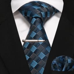 JEMYGINS New Fashion Black Plaid Men's Tie 8cm Silk Business Necktie Handkerchief Tie Clips Set Wedding Party Tie Gift For Men