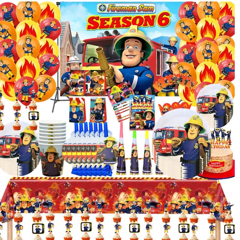 Fireman Sam Theme Happy Birthday Party Supplies Set Background Cup Plate Napkins Tablecloth Party Kids Boys Favor Balloons Decor