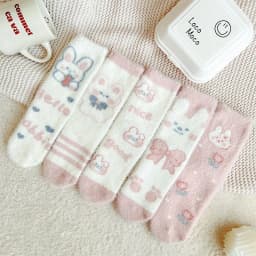 Sweet Pink Rabbits Bowknot Imitation Mink Socks Winter Plush Warm Home Sleeping Socks Ins Japanese Cartoon Cute Furry Tube Socks