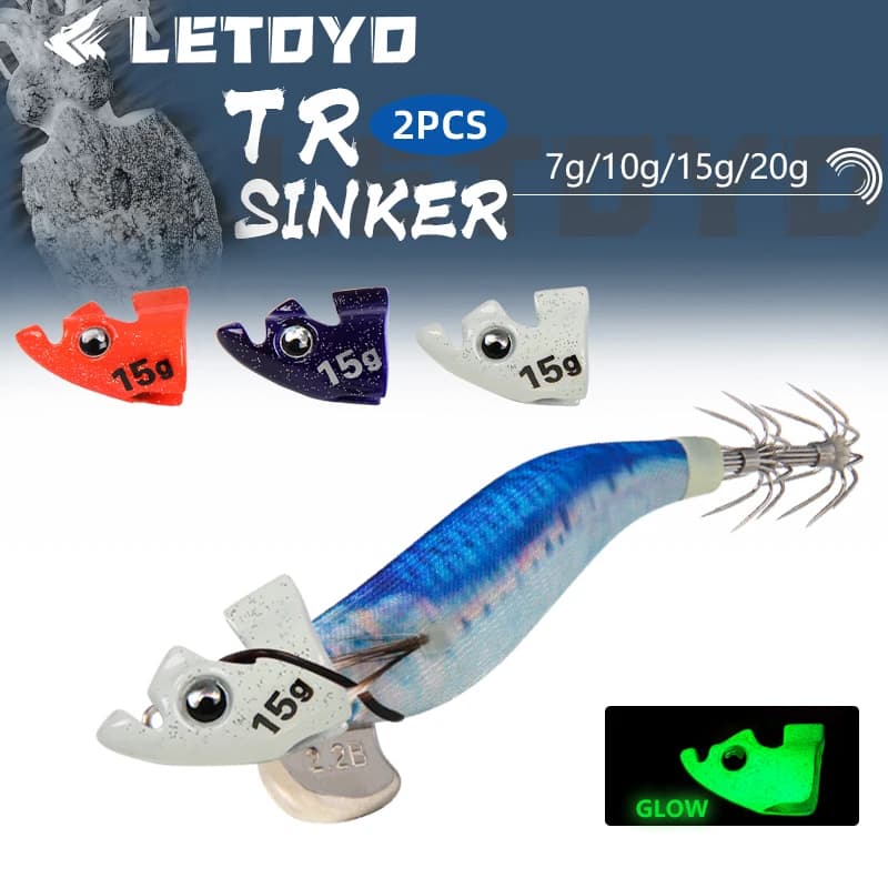 LETOYO 2PCS Luminous EGI for tip run squid lure TR Sinker weight eging for Webfoot Octopus Cuttlefish sea fishing accessories
