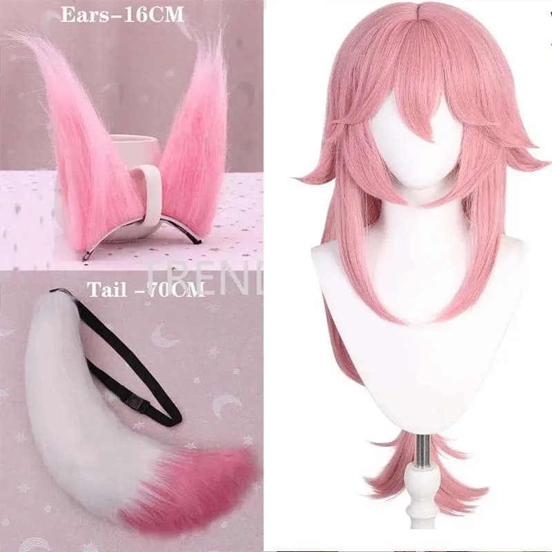 Yae Miko Plush Tail Ear Wig Pink Fox Handmade Cosplay Props Pink Fox Ears Tail Wig