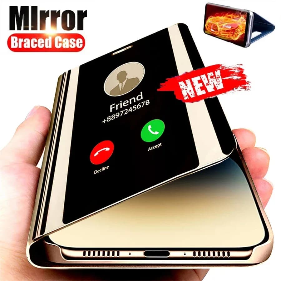 Case For iPhone 17 Pro Max Air 16 15 14 13 12 Pro Max Luxury Smart Mirror Flip Leather Plating Stand Case