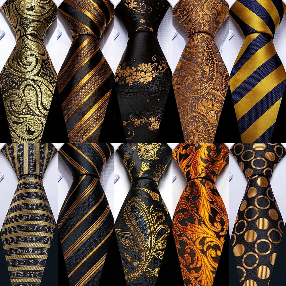 Barry.Wang Dark Gold Men Tie Silk Stripe Pocket Square Cufflinks Sets Formal Woven Neckties Business Party Designer Gifts 5702