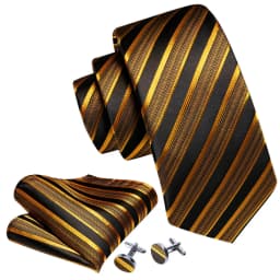 Barry.Wang Dark Gold Men Tie Silk Stripe Pocket Square Cufflinks Sets Formal Woven Neckties Business Party Designer Gifts 5702