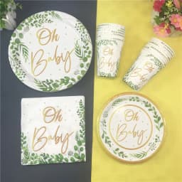 Green Leaves Gold Disposable Tableware Oh Baby Paper Plates Cups Napkins Kids Birthday Baby Shower Party Gender Reveal Supplies