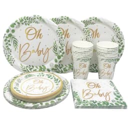 Green Leaves Gold Disposable Tableware Oh Baby Paper Plates Cups Napkins Kids Birthday Baby Shower Party Gender Reveal Supplies