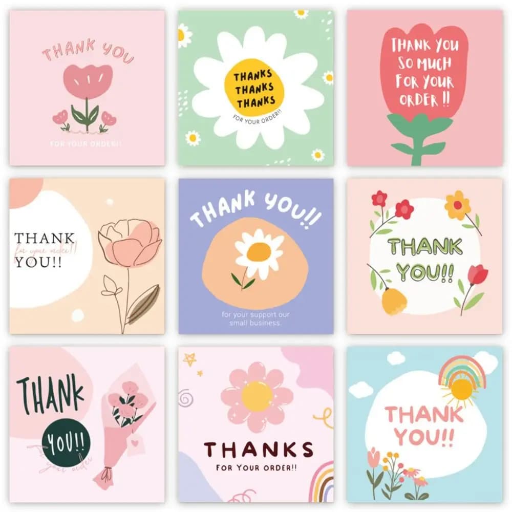 50PCS Thank You Cards Cartoon Flower Gratitude Labels Multicolor Greeting Postcards Event Ornament Home Decorations 6cm*6cm