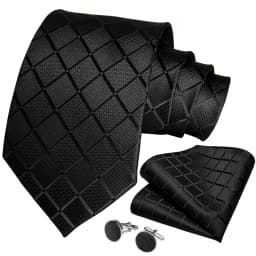 DiBanGu Business Plaid Black Solid Luxury Elegant Silk Ties for Men Designer Tie Buckle Handkerchief Cufflinks Wedding Accessory