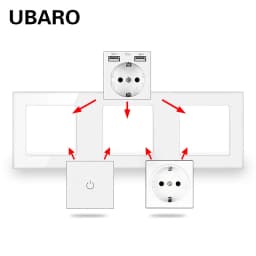 UBARO Crystal Glass Panel Touch Light Switch and European Standard Socket Combination Wall Panel Power Socket 220V Pop-Up Socket