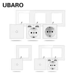 UBARO Crystal Glass Panel Touch Light Switch and European Standard Socket Combination Wall Panel Power Socket 220V Pop-Up Socket