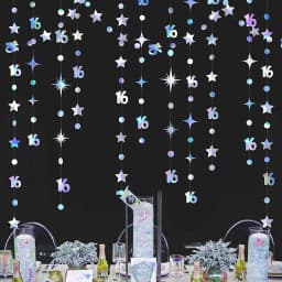 Iridescent Number 16 Paper Star Dot Garland Hanging Bunting for Sweet Rose Gold 16th Happy 16st Birthday Anniversary Party Decor