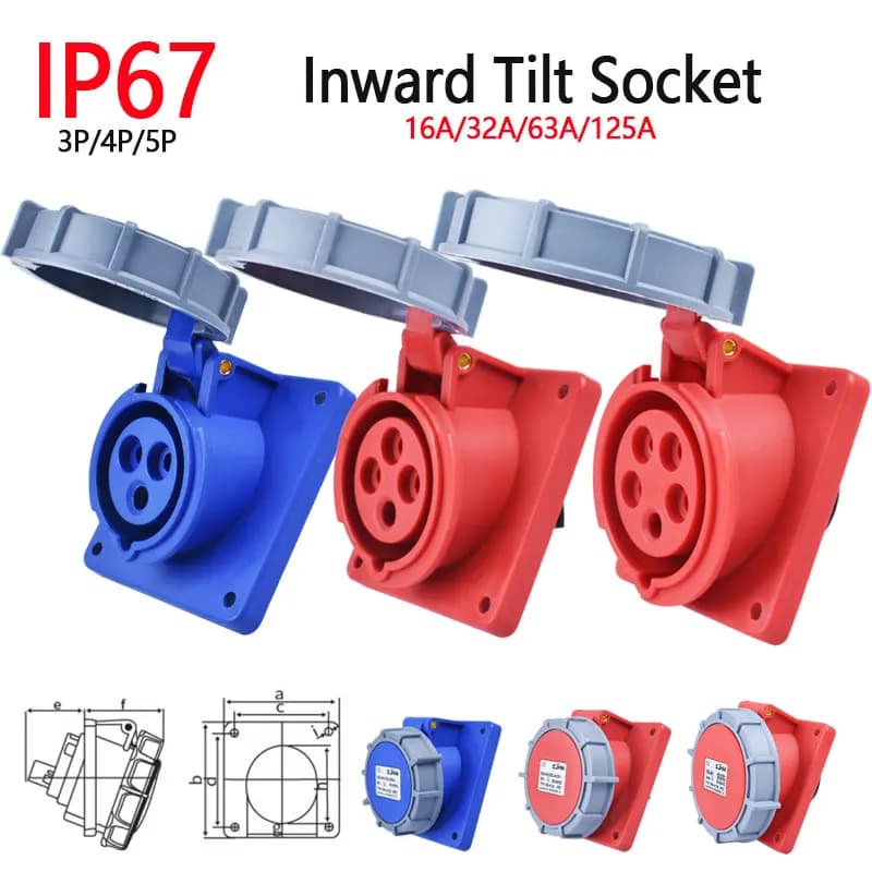 IP67 Waterproof Explosion-proof Industrial Plug and Socket 16A 32A 63A 125AInward Tilt Socket Panel Mounted 220V 380V 415V