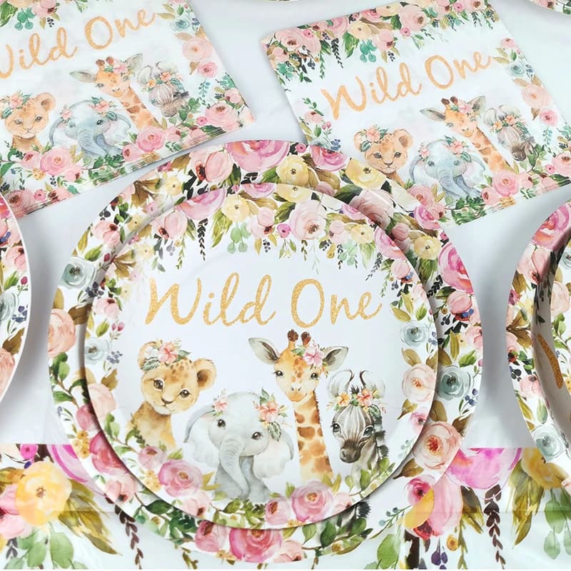 Pink Gold Animal Wild One Birthday Party Tableware Set Forest Decoration One Birthday Jungle Safari Party Supplies