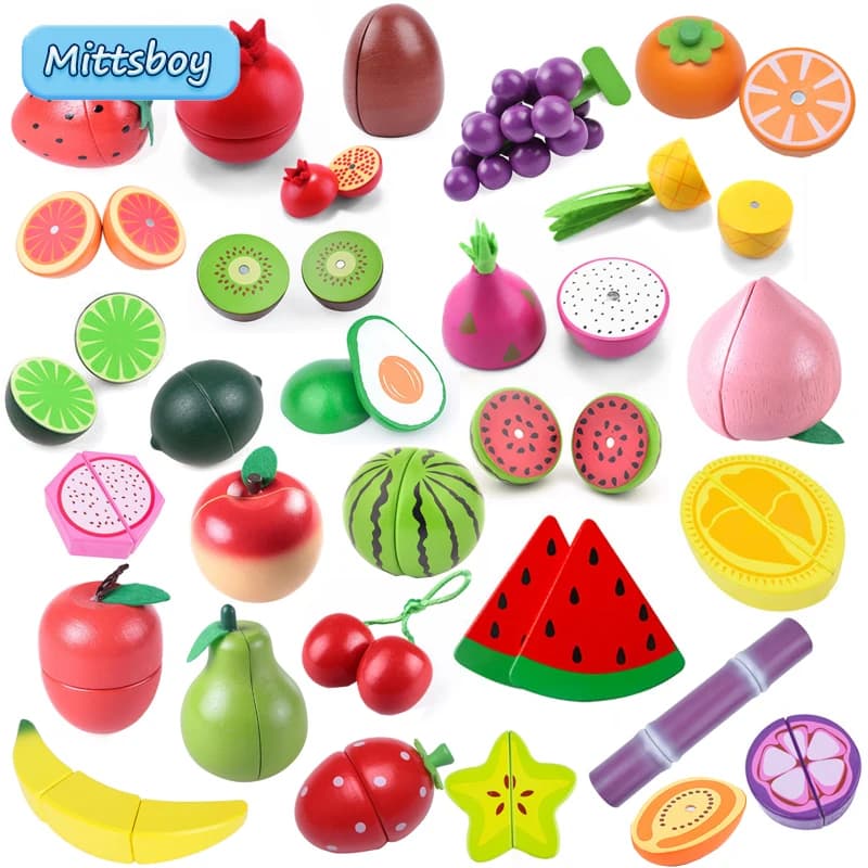 Simulation Magnetic Montessori Fruit Play House Strawberry Watermelon Banana Durian Seasoning Baking Toy Wooden Educational Toys