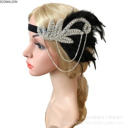 1920s Headpiece Hair Accessories For Women Vintage Black Feather Flapper Headband Great Gatsby Party Jewelry Forehead Decoration