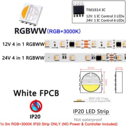 5m TM1814 (Similar SK6812) RGBW 4 in 1 Addressable Pixel Led Strip SMD 5050 RGBWW Light 60Leds/m IP20 67 Waterproof DC 12V 24V
