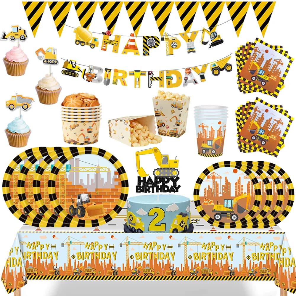 Construction Bulldozer Series Disposable Tableware Set Paper Cups Plates Excavator Truck Balloon Boy's Birthday Party Decoration