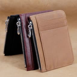 Men's Genuine Leather Minimalist Wallet - Ultra Thin Zipper Coin Pouch with Credit Card Holder (Small Money Bag)