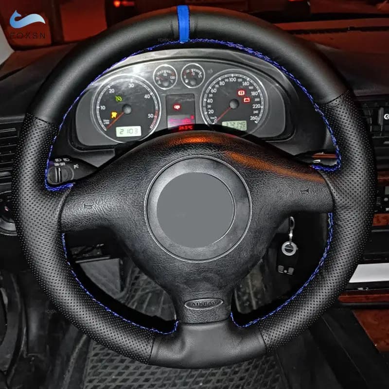 For VW Golf 4 MK4 Bora 1997-2004 Passat B5 1997-2002 Seat Leon MK1 1998-2004 Car Steering Wheel Leather Cover Trim blue strip