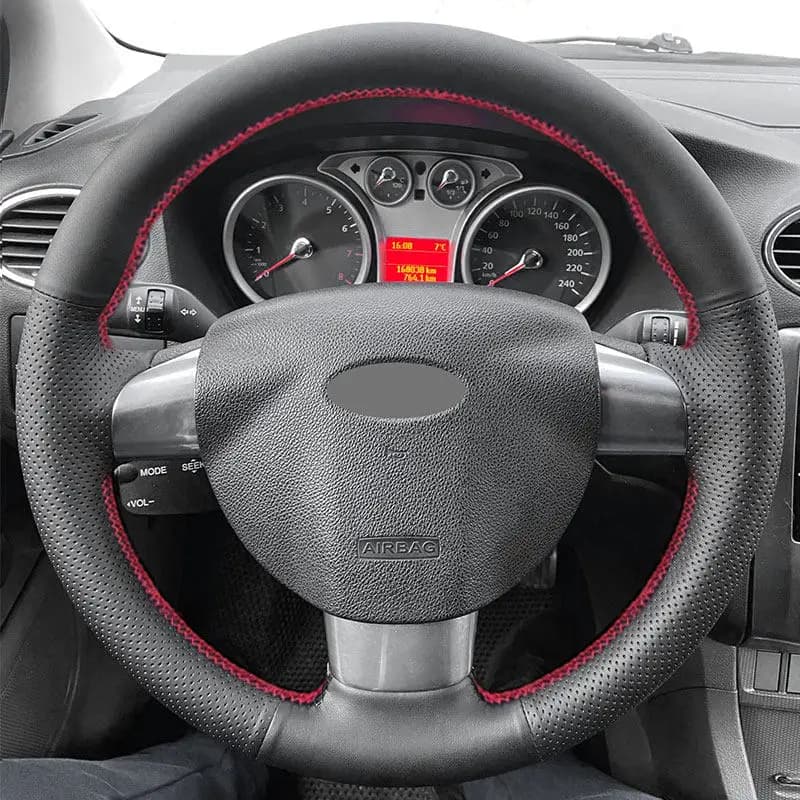 Soft Perforated Leather Cover For Ford Focus 2 2005 2006 2007 2008 2009 2010 2011 3-Spoke Hand Sewing Steering Wheel Cover Trim