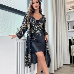 Two Pieces Pajamas Women's Sexy Satin Nightgown Printed Slip Dress Woman Nightie Pajamas Little Cherry Sleepwear Home Suit