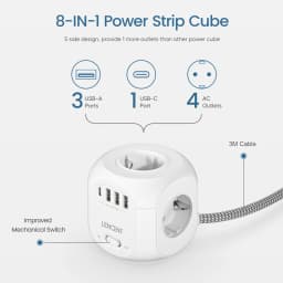 LENCENT Power Strip Cube with 4 AC Outlets 3 USB Port 1 Type C 3M Braided Cabe Multi Socket Power Adapter with Switch for Home