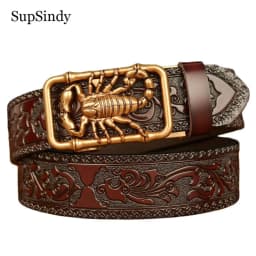 SupSindy Men Genuine Leather Belt Luxury Scorpion Metal Automatic Buckle Cowhide Belts for Men Jeans Waistband Male Strap Black