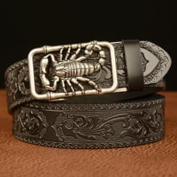 SupSindy Men Genuine Leather Belt Luxury Scorpion Metal Automatic Buckle Cowhide Belts for Men Jeans Waistband Male Strap Black