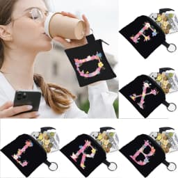 Women's Wallet Coin Purse Small Object Bag Key Ring Buckle Organizers Bags Black Canvas Pink Letter Pattern Print Series