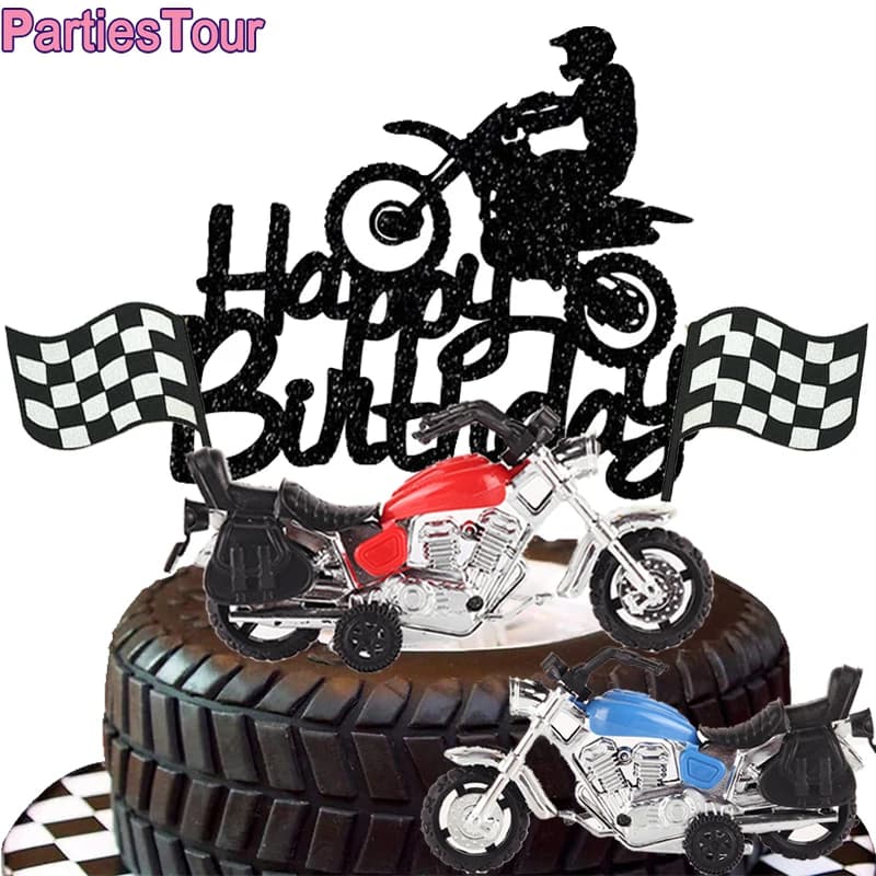 Motorcycle Model Cake Topper Motorbike Theme Kids Party Decor Picks Happy Birthday Cake Topper for Boy Man’s Birthday Decoration