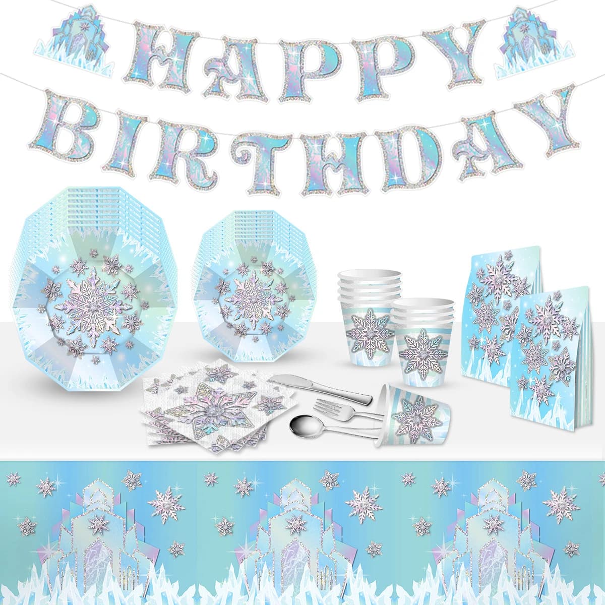 Snowflake Theme Birthday Party Paper Plates Cups Banner Frozen Snow Queen Cartoon Wedding Shower Decorations Supplies