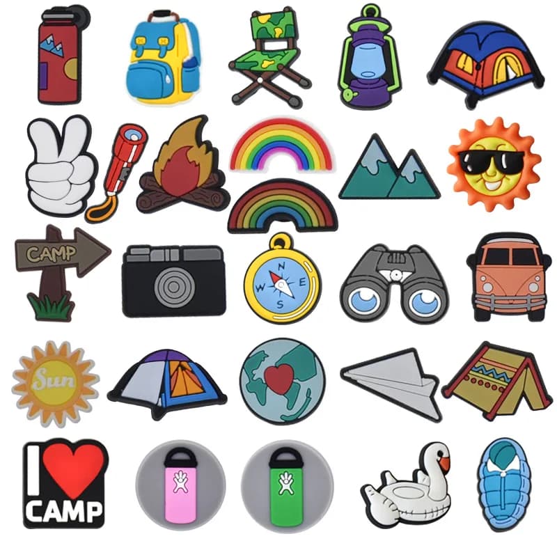 Camping Shoe Charms Accessories PVC Sun Temp Moutain Camera Rainbow Shoe Decoration for Wristband Clog Accessories Unisex DIY
