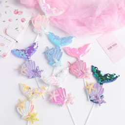 3pcs Mermaid Tail Sequin Cake Topper Muffin Cupcake Toppers for Mermaid Themed Wedding Supply Birthday Party Cake Decorations