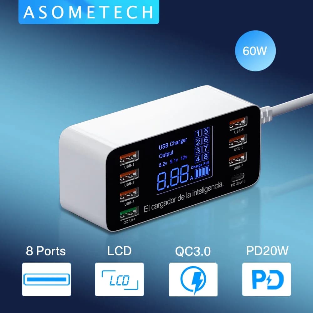 8 Ports USB Charger QC3.0 Quick Charge Phone Charger Adapter Type C 20W PD Fast Charger For iPhone 13 12 Samsung Xiaomi Huawei