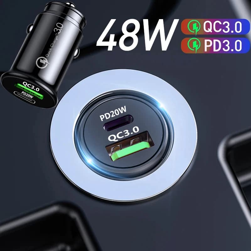Dual USB Car Charger 48W Fast Charing USB C PD Car Cigarette Socket Lighter For iPhone Samsung Huawei Car Charger Power Adapter