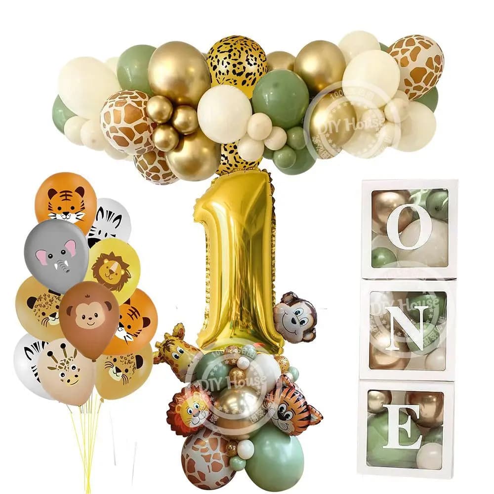 Wild Animal Balloon Tower with Gold 1-9 Number Balloon for Boy's Jungle Safari Birthday Party Decoration Forest Party Supply