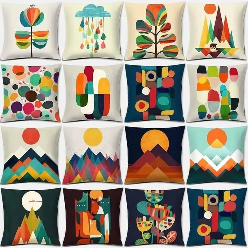 Abstract Colorful Wildflower Mountain Geometric Square Peach Skin Pillowcase Home Decoration Car Sofa Cushion Cover